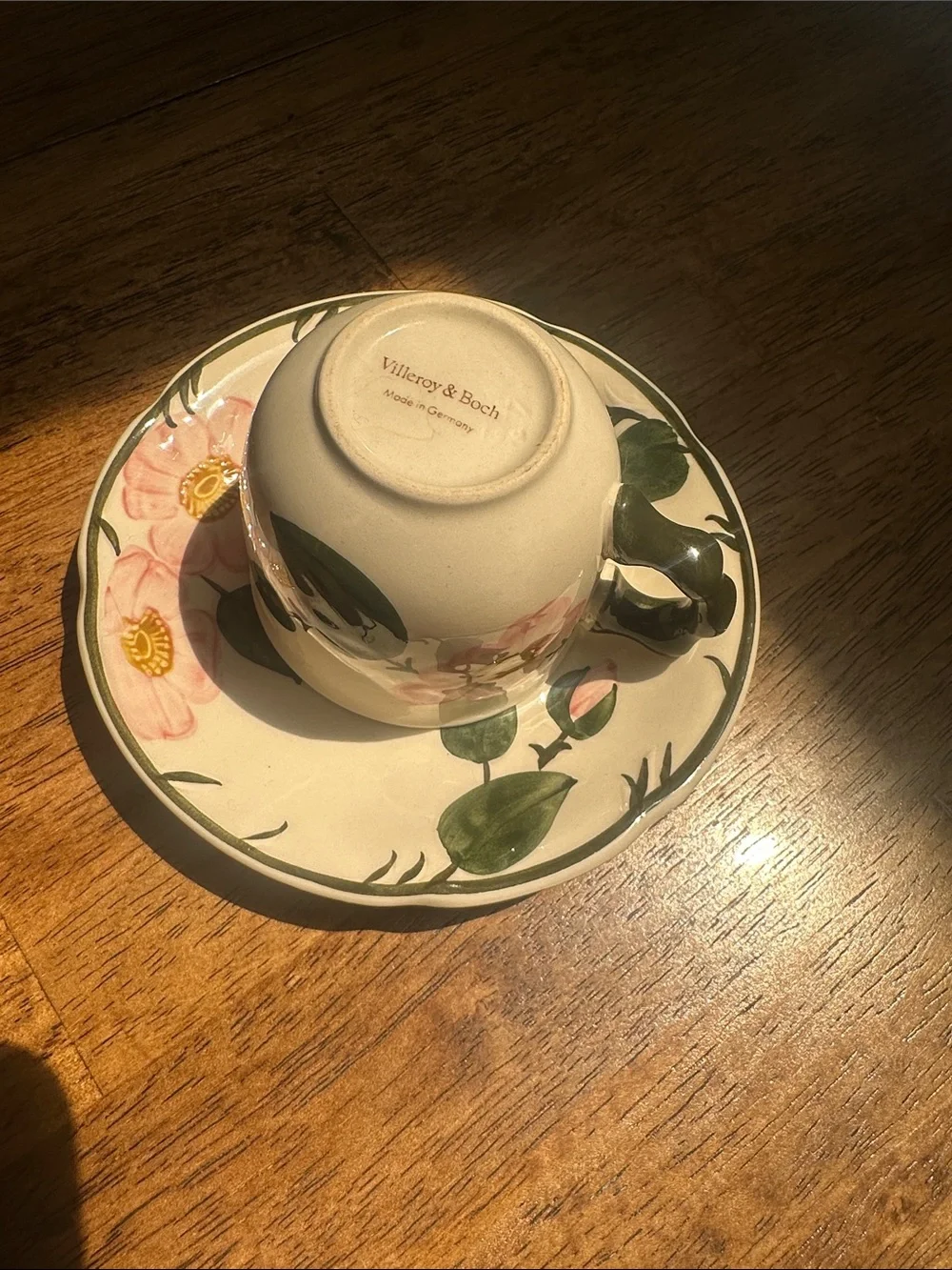 Villeroy & Boch Hand-Painted Floral Teacup & Saucer in Pink, Green and Cream